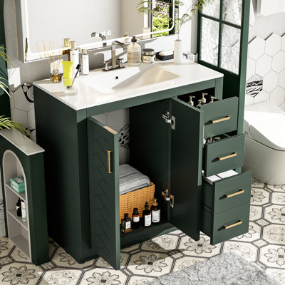 Armoire de salle de bain 36 po avec lavabo en céramique, bois massif et matériau, trois tiroirs pour un usage quotidien, rangement dissimulé, construction moderne, mouvement de tiroir fluide, armoire multifonctionnelle,