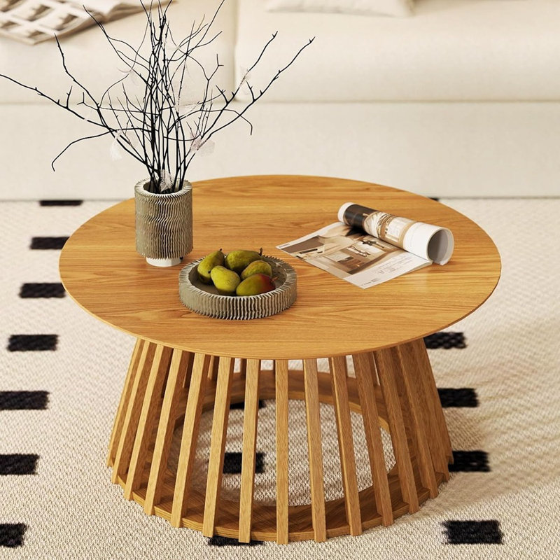 Table basse ronde moderne en bois massif avec base géométrique, table centrale en bois robuste pour le salon et le salon