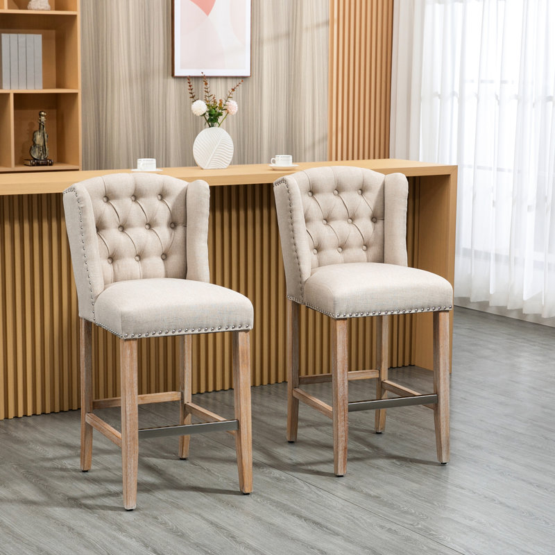 Tabourets de comptoir en beige, de 2 - Coussin confortable et chaises en bois de fabrication beige, mousse dense, assemblage des pieds
