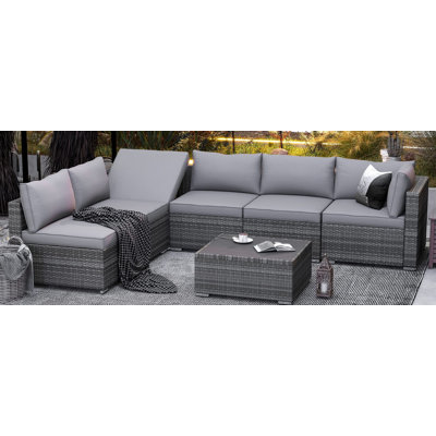 7 Piece Patio Furniture Set Outdoor Sectional Sofa Conversation Sofa Set With 7 Positions Adjustable Bracket All-weather Rattan Wicker F
