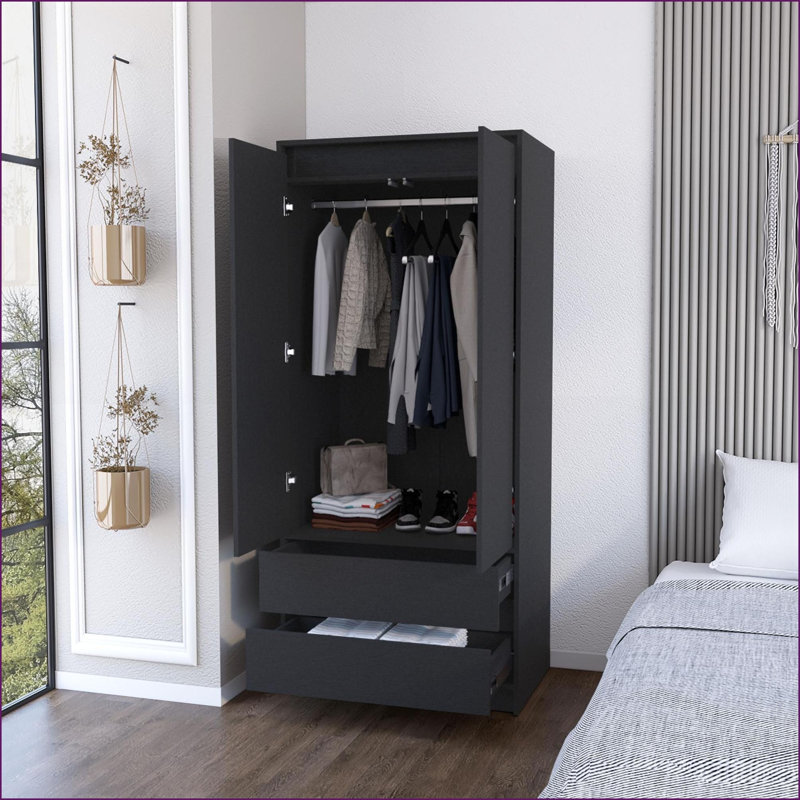 Armoires avec 2 portes & amp; 2 tiroirs, rangement pour chambre à coucher | Noir | Panneau de particules, Noir