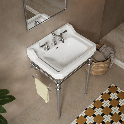 VICI 23" Bathroom Console Sink, Wall-Mounted White Ceramic Vanity Basin with 3 Pre-drilled Faucet Holes, Freestanding Stainless Steel Support Legs with Towel Bar, No Faucet & Sink Cover