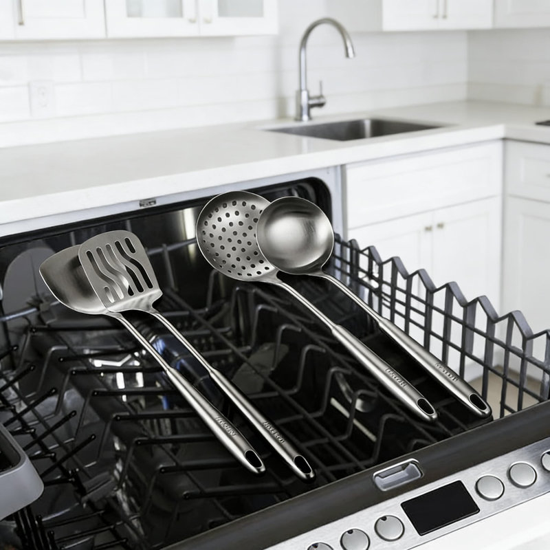 Ensemble d'ustensiles de cuisine 7 pièces en acier inoxydable avec support rotatif, batterie de cuisine en acier inoxydable 304, cuillères de cuisson résistantes à la chaleur, lavable au lave-vaisselle, conception peu encombrante