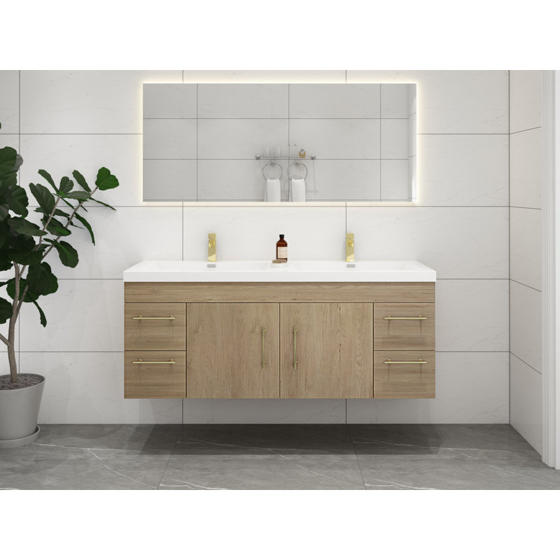 Meuble-lavabo mural double 59 po Romer, Blanc/chêne, Or