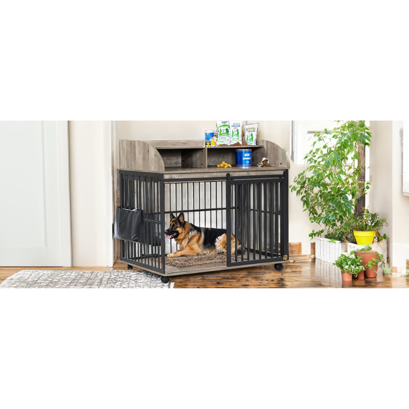 Large Dog Cage With Sliding Door And Robust Build, Grey Frame,