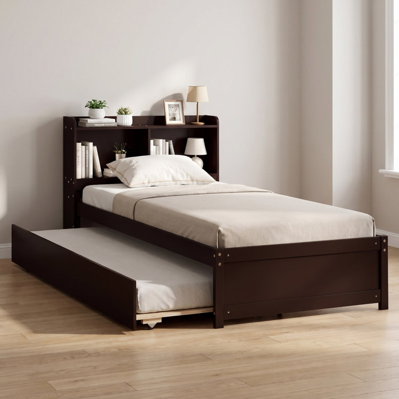 Teen Bed Platform Standard Bed With Bookcase And Twin Trundle, Espresso, Twin