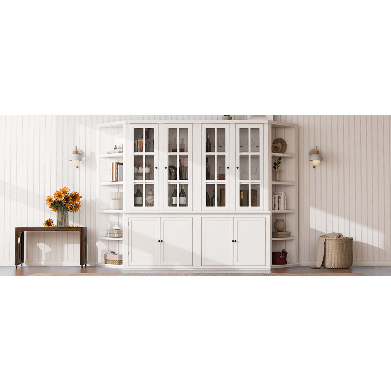 Display Cabinets And Two Triangle Sided Bookshelves, 105.5'' Wide Retro Style Wall Suit With Glass Doors, For Hallways, Living Room, Office, Studio Or Workspace