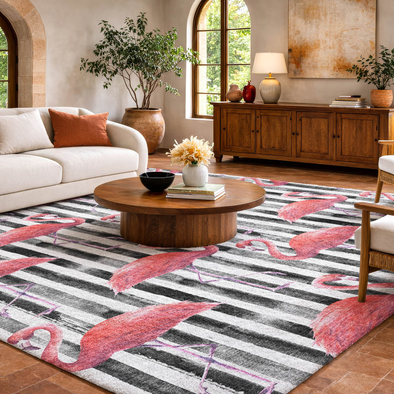 Premium Machine Washable Dream Shag ADS204 Striped and Flamingos Rug, 3' x 5'