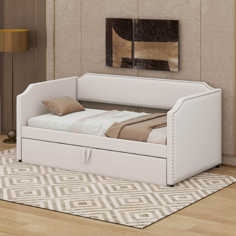 Twin Size Velvet Upholstered Daybed With Pop Up Trundle, Convertible Sofa To Bed, Beige
