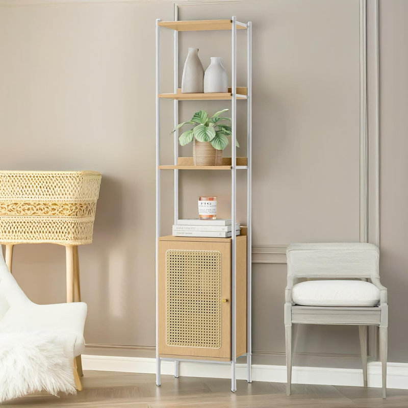 Rattan-Like Narrow Bookcase Storage Cabinet With 2 Open Adjustable Shelves, Brown