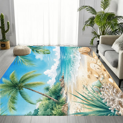 Tapis côtier océan tropical, imprimé aquarelle de palmier paysage marin, tapis lavable antidérapant, tapis d'intérieur pour salon, chambre à coucher, entrée, cuisine