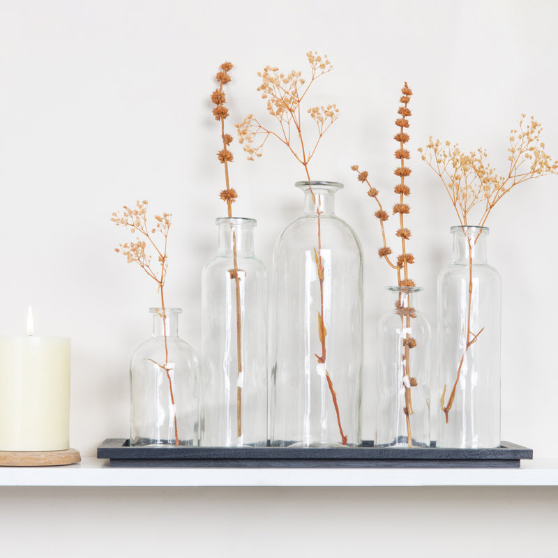 Wood Tray with Glass Bottle Vases, Clear/Black