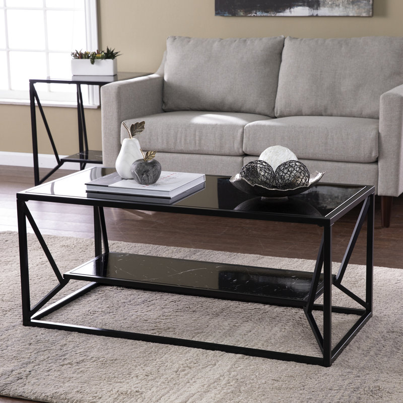 Table basse à plateau en verre avec option de rangement - caractéristique de style noir et faux marbre