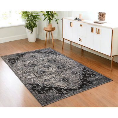 Tapis médaillon noir et gris 4 pi x 6 pi