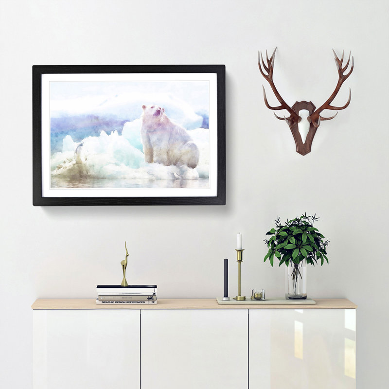 Penguin & Polar Bear - Single Picture Frame Painting on MDF, Black Framed, 27cm H x 36cm W x 2cm D