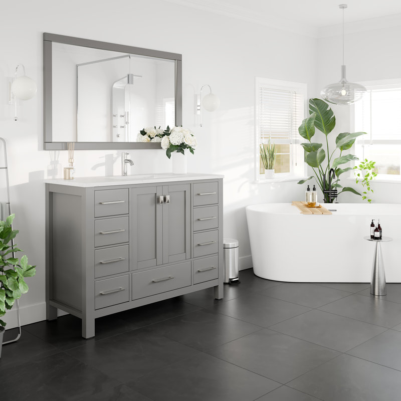 Eviva London 54"W x 18"D Bathroom Vanity with Undermount Porcelain Sink, Gray, Quartz - White Carrara