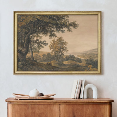 Classic Woodland Serene View of Trees Landscape in Sepia Tones Gold Framed Wall Art Decoration