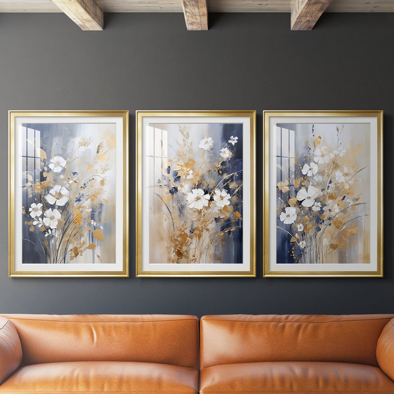 FLORAL Series CECLXII - Impression encadrée sur mesure de qualité supérieure - 3 pièces, H 21 po x l 30 po, Doré