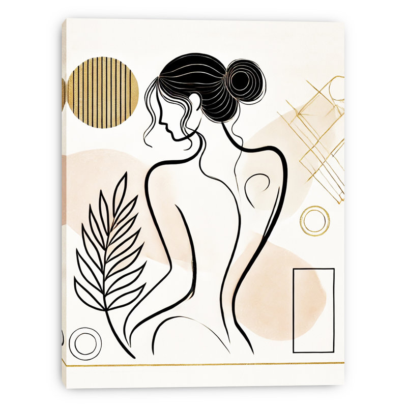 «Golden Silhouette», art mural sur toile abstraite avec dessin au trait botanique, H 16 po x l 12 po