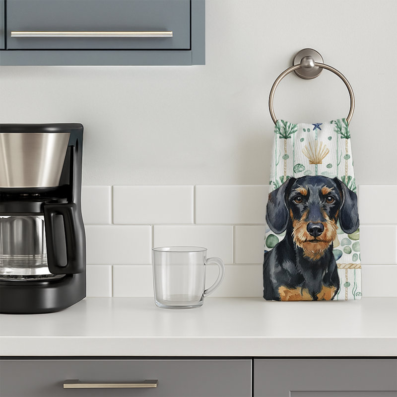 Wirehaired Black and Tan Dachshund Coastal Sea Glass Kitchen Towel, Wirehaired Black and Tan Dachshund