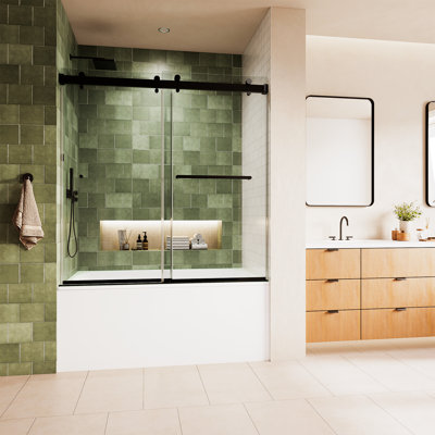 SP 56"- 60" W x 65" H Double Sliding Frameless Glass Tub Shower Door with 3/8" (10 mm) Thick Clear Tempered Glass, Easy-Clean Coating, Stainless Steel Hardware