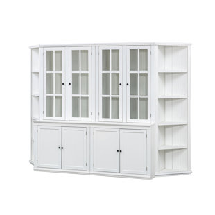 2x 75.25'' Tall Display Cabinets and Two Triangle Sided Bookshelves, 105.5'' Wide Retro-Modern Wall Suit with Glass Doors for Versatile Storage and Display