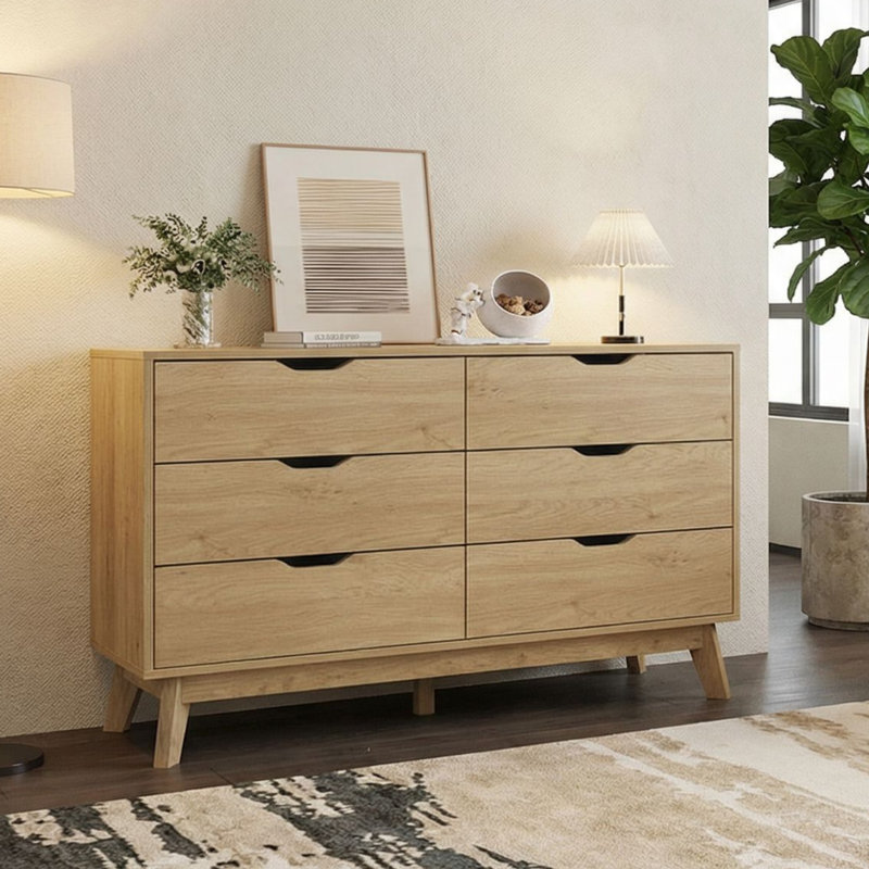  Drax 6 Drawer Wood Dresser with Built‑In Anti‑Tip Stability System — Wide Chest for Bedroom, Nursery or Hallway Storage Organizer