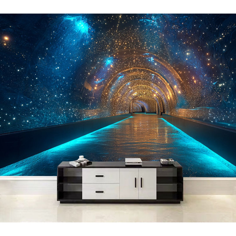 Papier peint adhésif pelez et collez, tunnel étoilé cosmique, néon, bleu, doré, reflets de lumière dorée, auto-adhésif et amovible