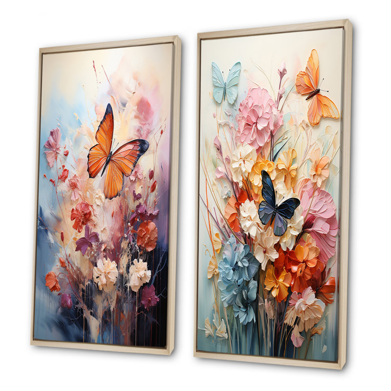 Papillon vol fantaisiste Bouquet - ensemble de 2 impressions sur toile papillon, Cadre flottant brun, H 28 po x l 25 po