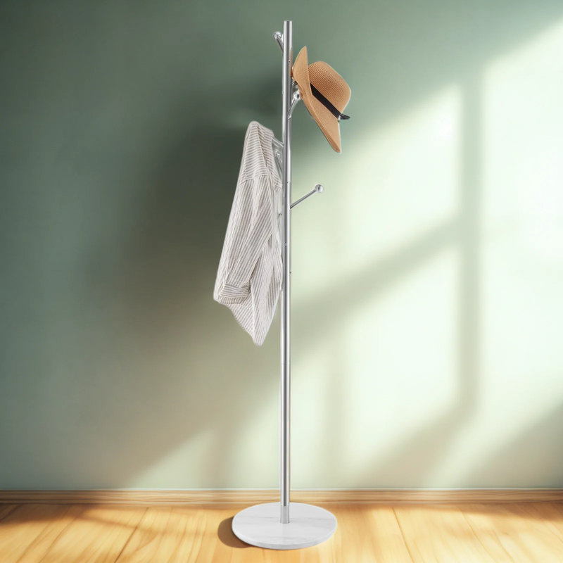 Portemanteau autoportant avec base en marbre, 8 crochets et tringle en acier robuste, support à vêtements moderne pour vestibule, salon, chambre à coucher ou bureau
