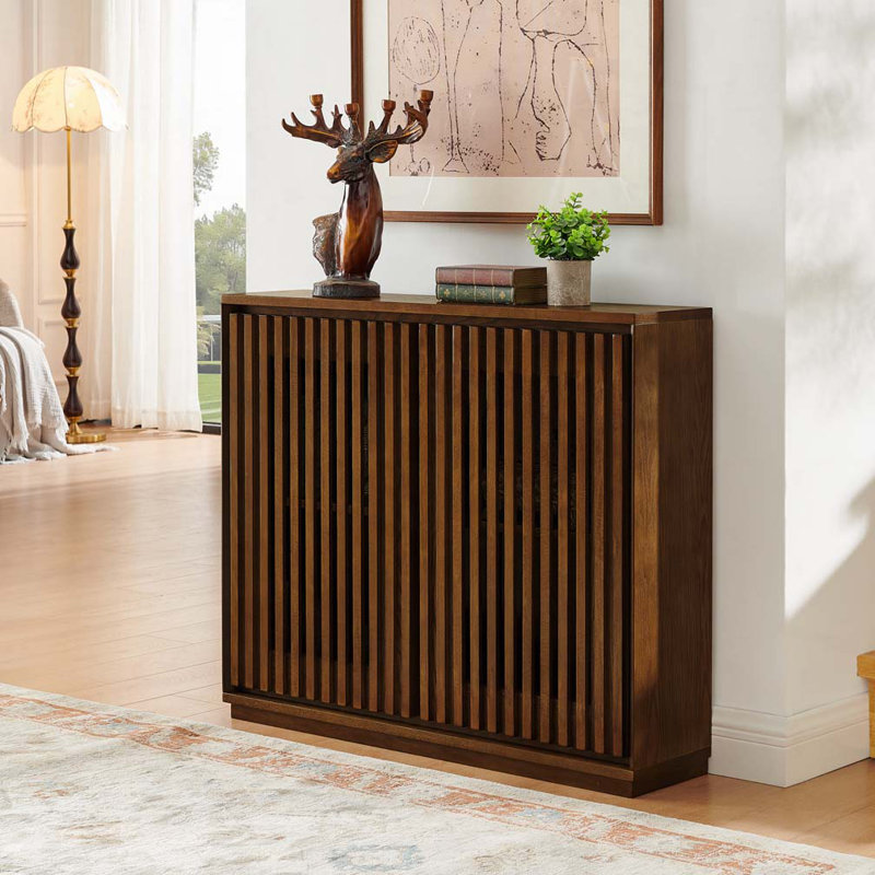 Mid Century Modern Fluted Hollowed Out Sideboard Cabinet with 2 Outlet Holes, Buffet Cabinet with Storage, Walnut Storage Cabinet for Living Room, Entryway, Hallway, Dining Room, Kitchen