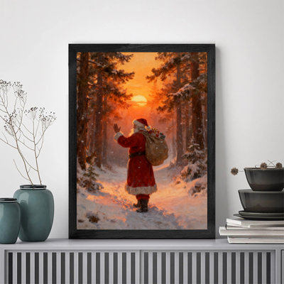 Art mural rétro noir encadré père Noël dans la forêt enneigée