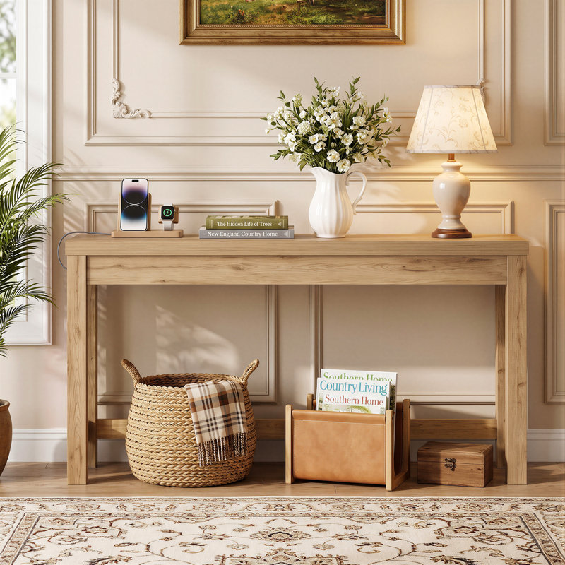 63 Inch Console Table with 3 Outlets, Natural, Natural