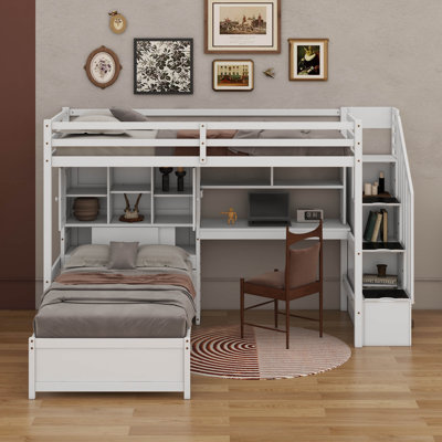 Lit mezzanine simple au-dessus de simple avec bureau intégré, escalier, compartiments de rangement et tablettes