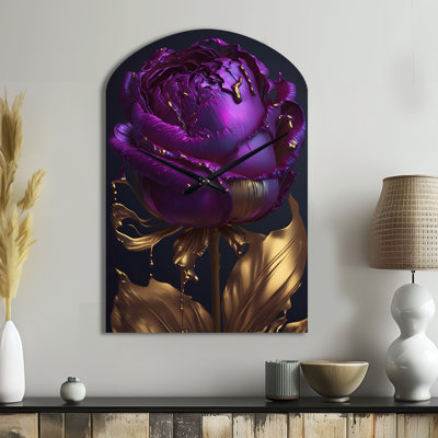 Purple Peony Liquid Gold III - Peonies Arch Metal Wall Clock, Modern Asymmetrical Wall Clock Print
