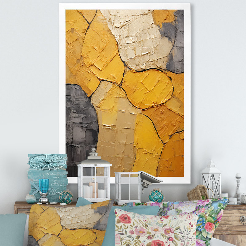 Minimalisme, céramique botanique jaune encadrée, Cadre simple blanc, H 32 po x l 16 po x P 1 po