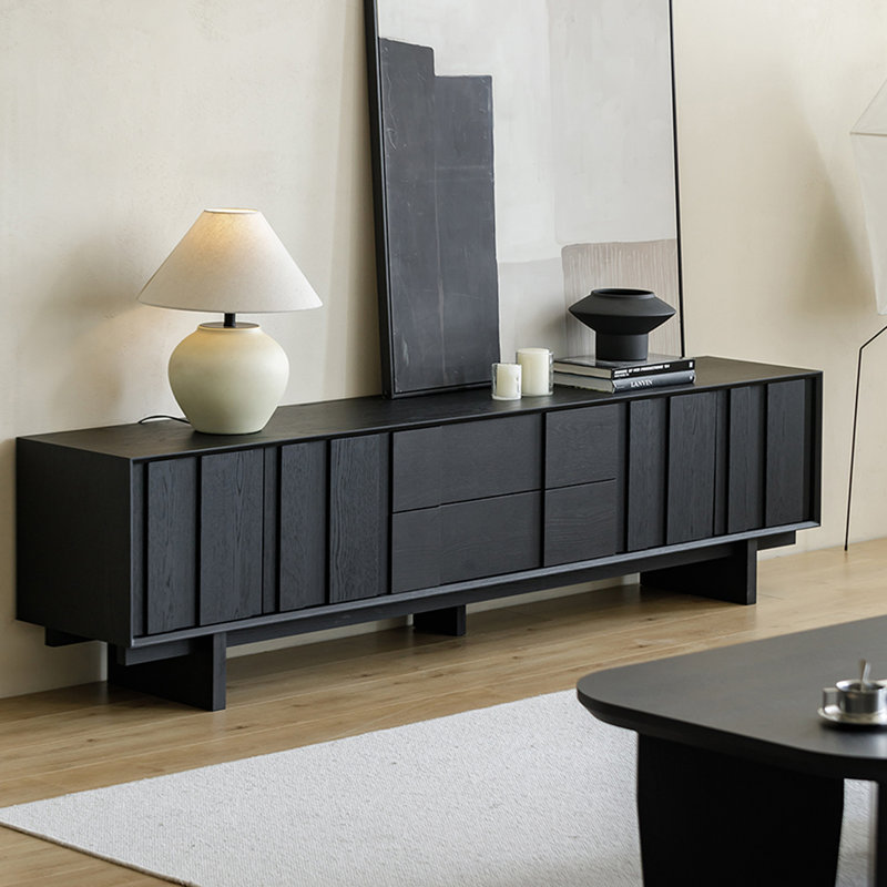 Meuble télé moderne en bois massif noir, H 22,44 po x L 86,61 po x l 15,75 po