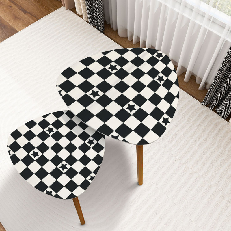 Triangle Nesting Coffee Table Set of 2 Geometric Checkered seamless stars Abstract Chess board allover print End Table Modern Minimalist Side Table Set for Living Room Bedroom