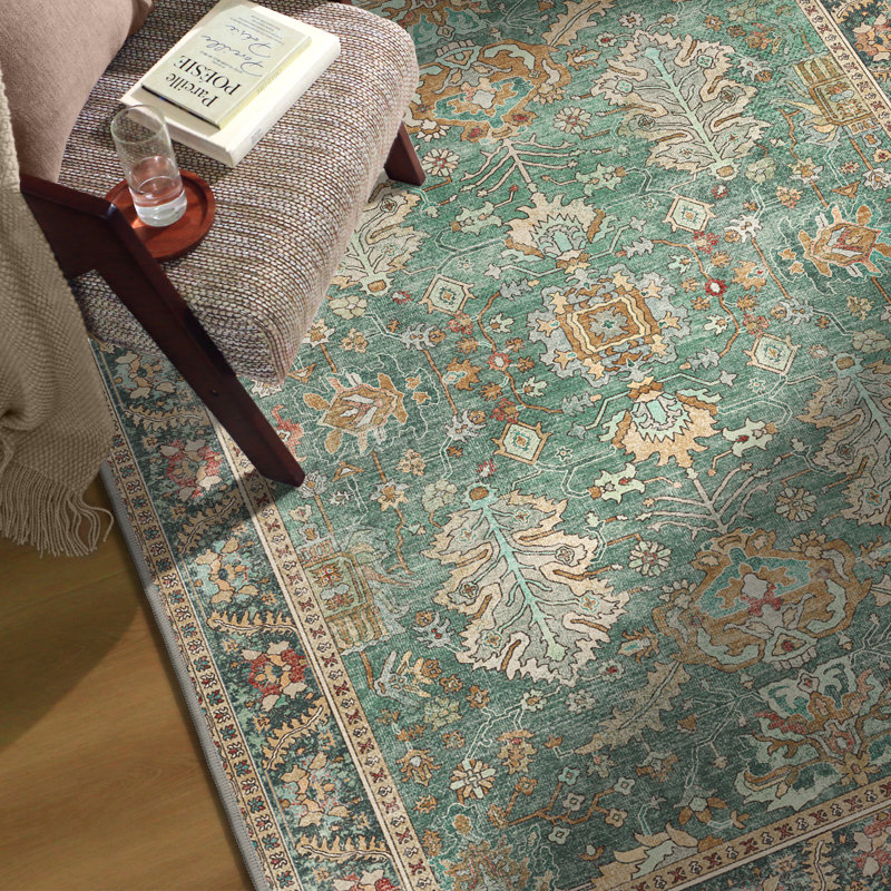 Vintage Distressed Oriental Machine Washable Area Rug, Sage Non-Slip Carpet for Living Room Bedroom, Pet & Kid Friendly