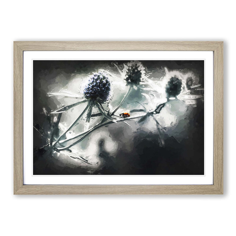Ladybird upon a Thistle Flower in Abstract - Picture Frame Painting Print on MDF, Oak, 50cm H x 76cm W x 2cm D