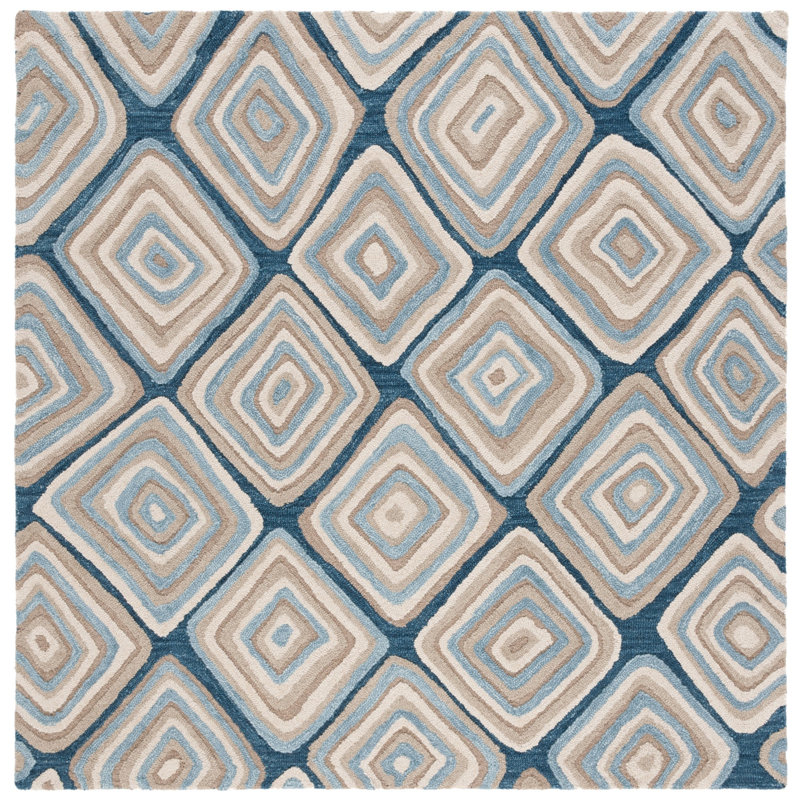 Boarer Hand Tufted Wool Geometric Rug, Square 6'