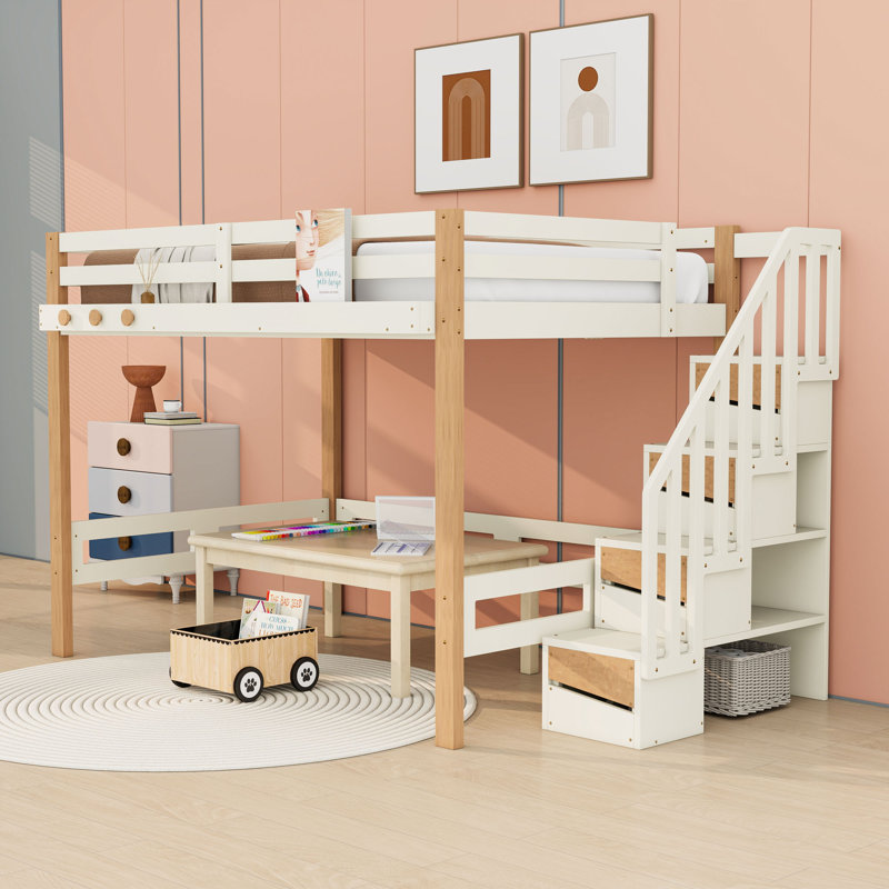Lit mezzanine en bois avec tablettes, crochets et escalier de rangement, Full
