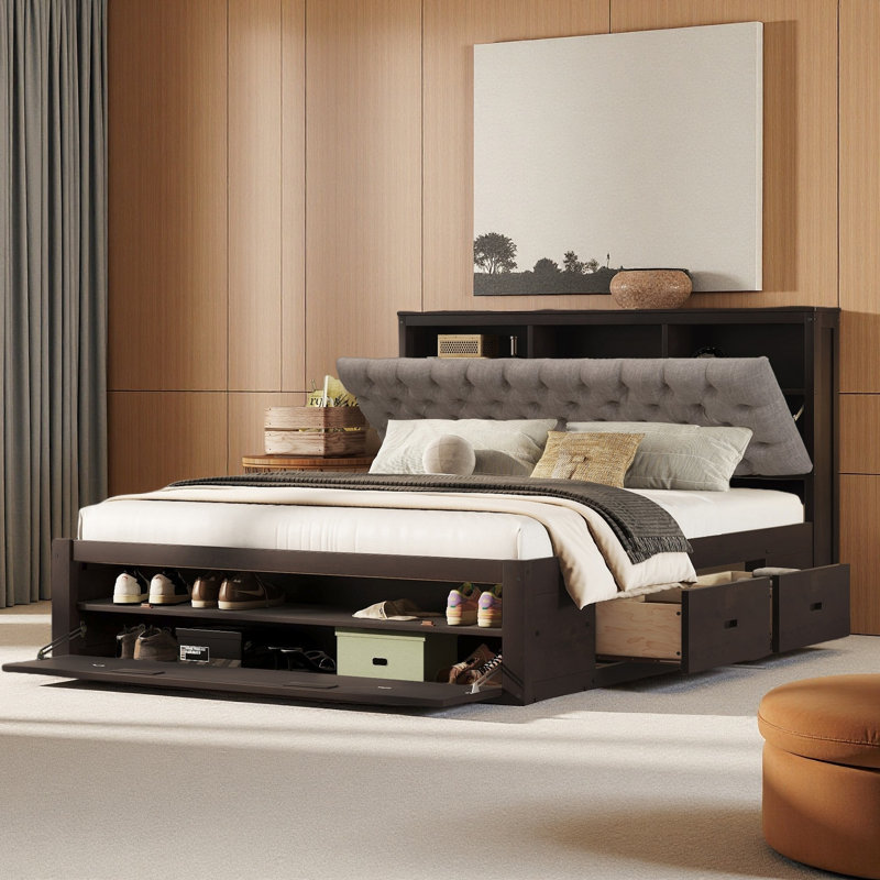 Lit plateforme multifonctionnel en bois avec rangement pour chaussures, Brun