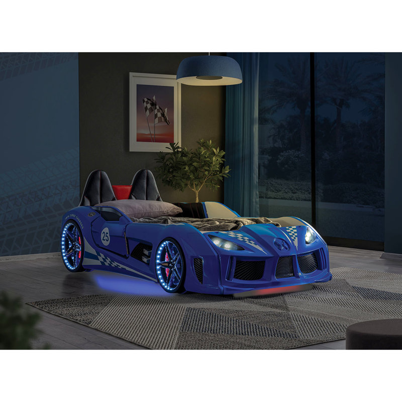 Blue Modern Twin Race Car Bed With Headboard, Magnetic Doors, Led Lights On Wheels, Headlights As Night Lights, Remote - Controlled 4 Sound Finish, Novelty Style, Opening Embedded Options