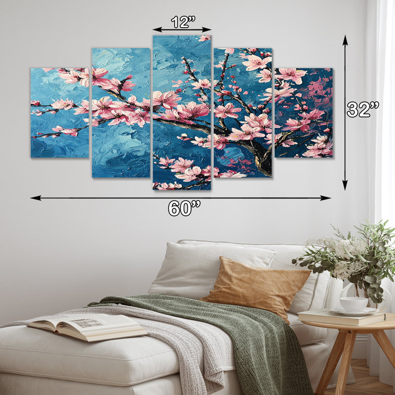Fleur de cerisier rose sur fond de ciel bleu peint - art mural fleur de cerisier 5 pièces