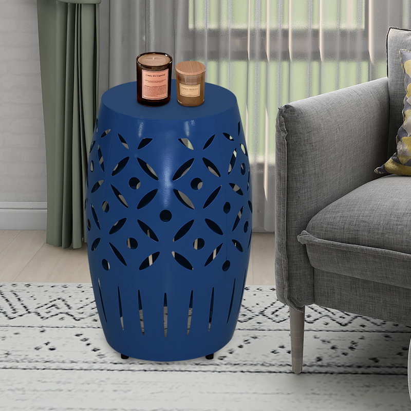 18.31" Tall Geometric Cut Iron Drum End Table, Navy