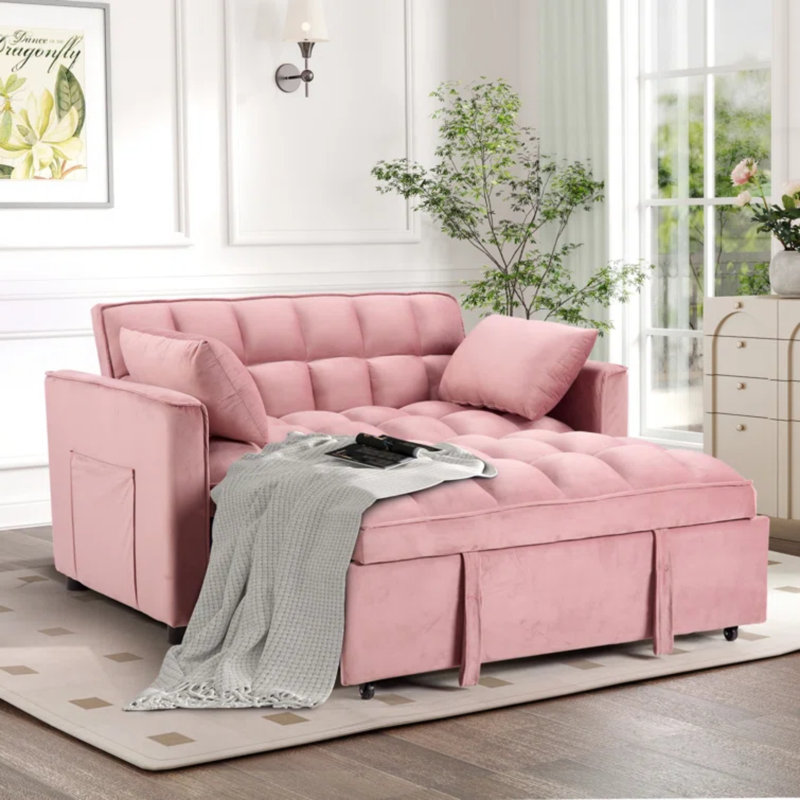 55.2'' Wide Modern Convertible Sleeper Sofa Bed With Reclining Backrest And 2 Pillows, Pink