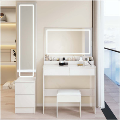 LED Mirror Vanity Table + LED Dressing Mirror Cabinet + Cushioned Stool, Double LED Mirror, Touch Control, 3-Color Switch, Brightness Adjustable, Multi-Layer High Capacity Storage