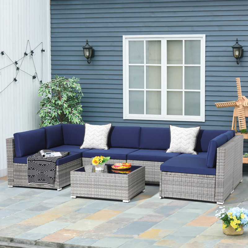 Ensemble de conversation avec coussins Azlyn, Gris / Bleu marine, Gris, Non
