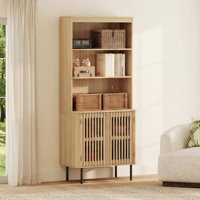 72.8 Inch Wood Bookcase with Storage, Mid Century Modern Bookshelf with Adjustable Shelf